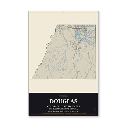 Douglas County, Colorado Map Aluminum Sign in Museum Plaque style