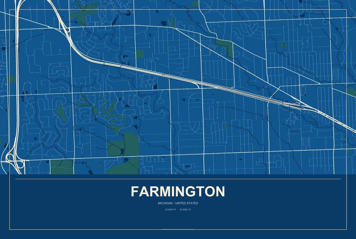 Farmington, Michigan City Map Aluminum Sign in Harbor Cobalt style