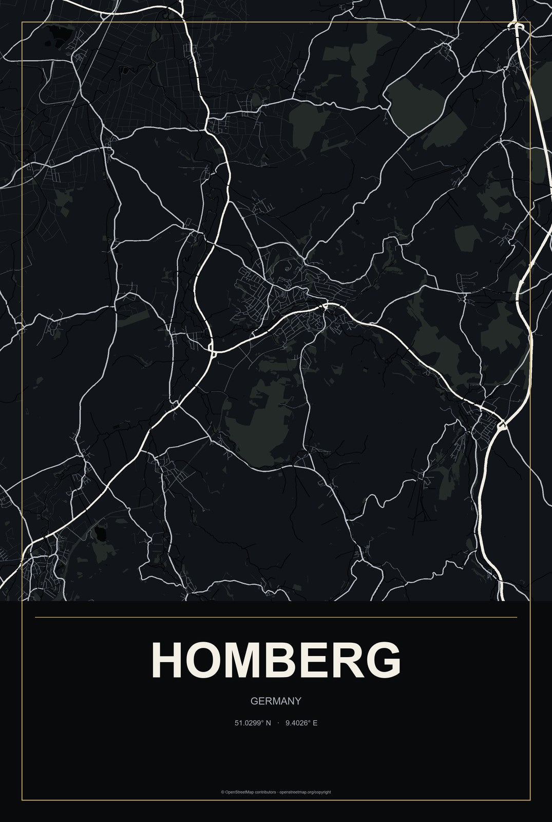 Homberg, Germany City Map Aluminum Sign in Metropolitan Noir style