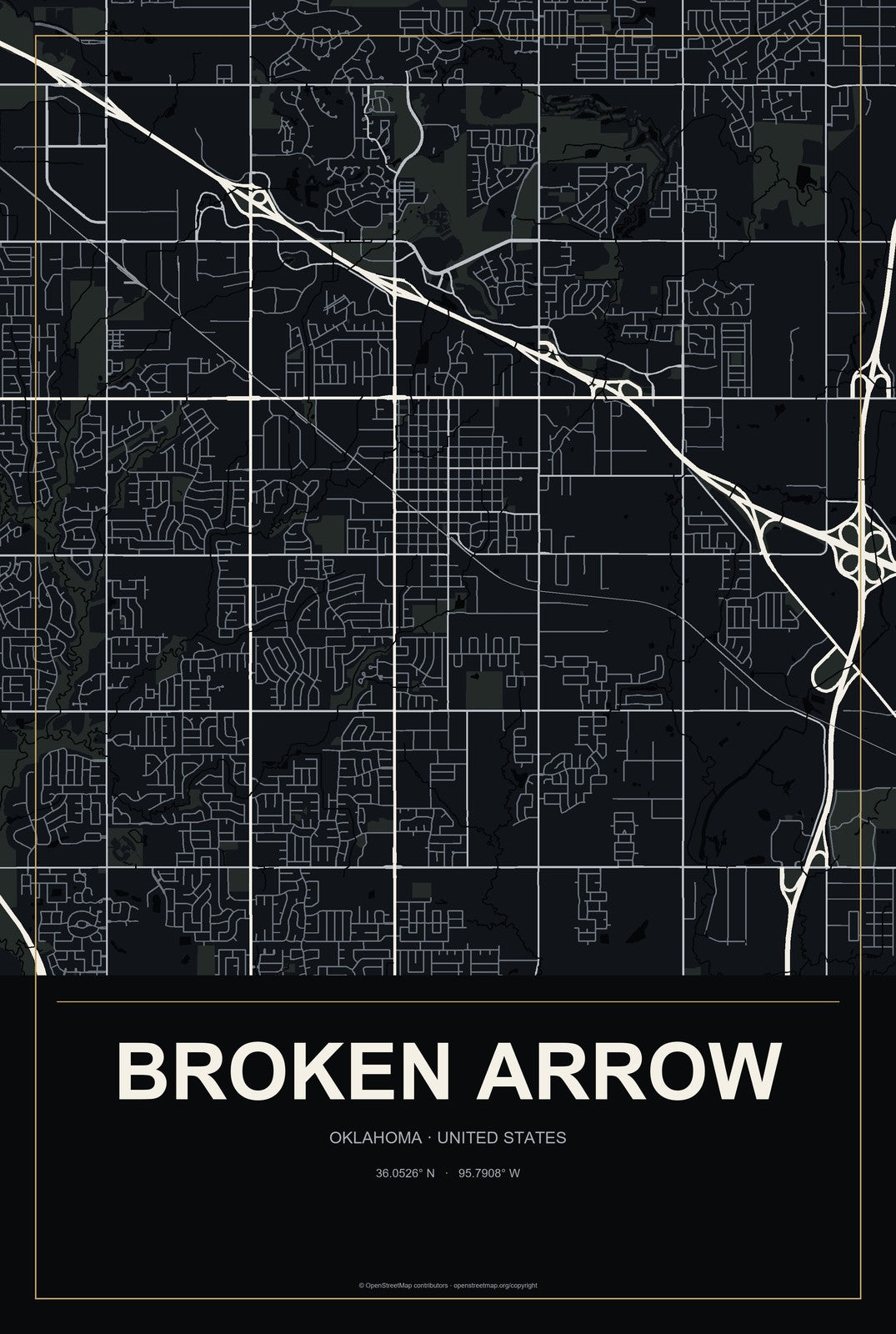 Broken Arrow, Oklahoma City Map Aluminum Sign in Metropolitan Noir style