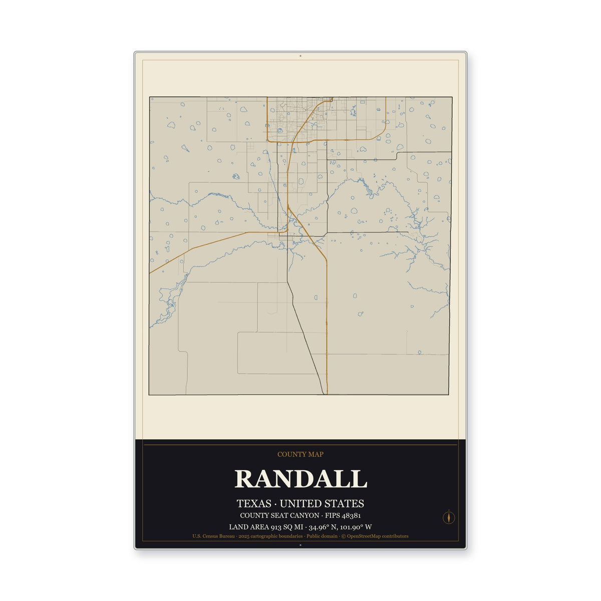 Randall County, Texas Map Aluminum Sign in Museum Plaque style