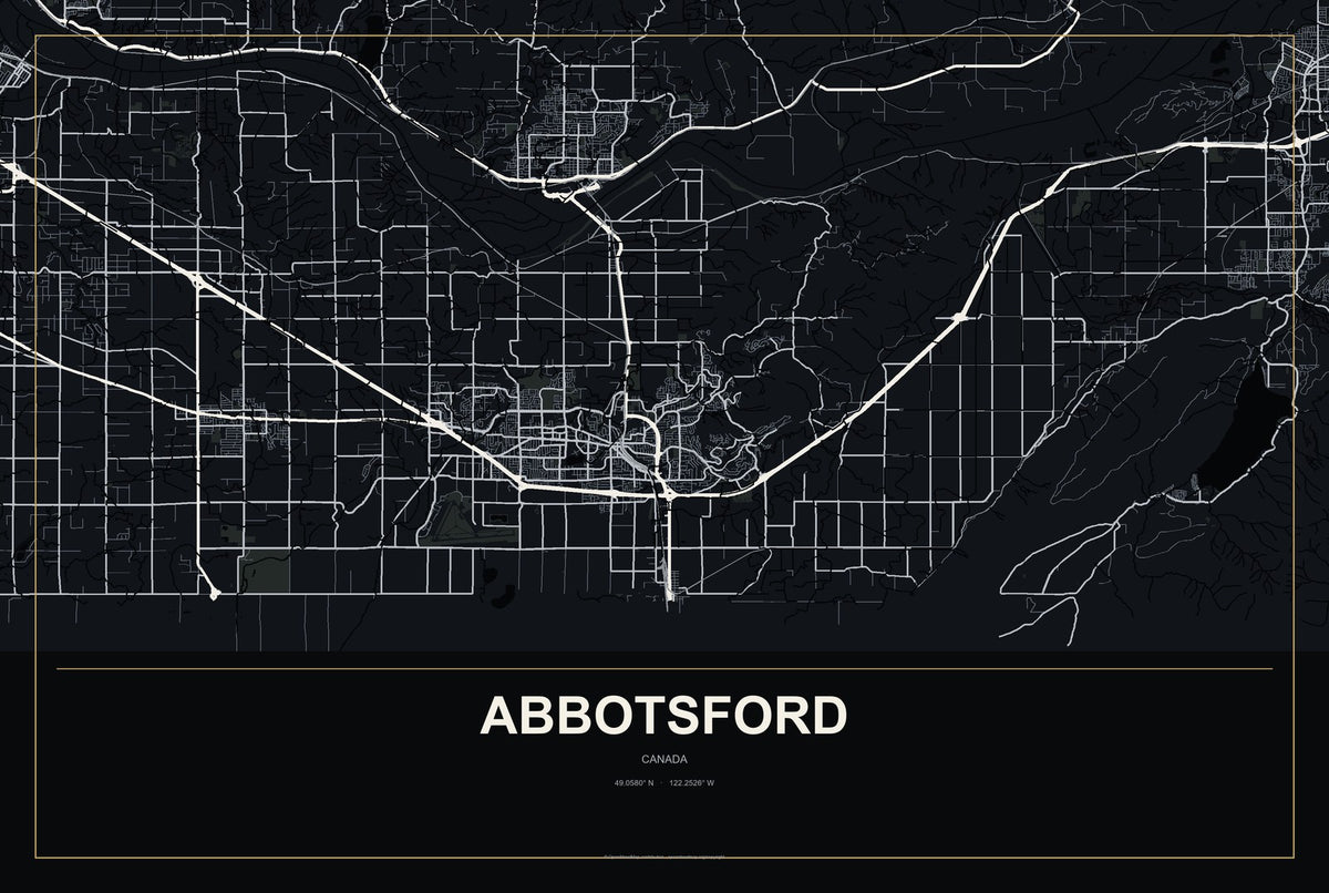 Abbotsford, Canada City Map Aluminum Sign in Metropolitan Noir style