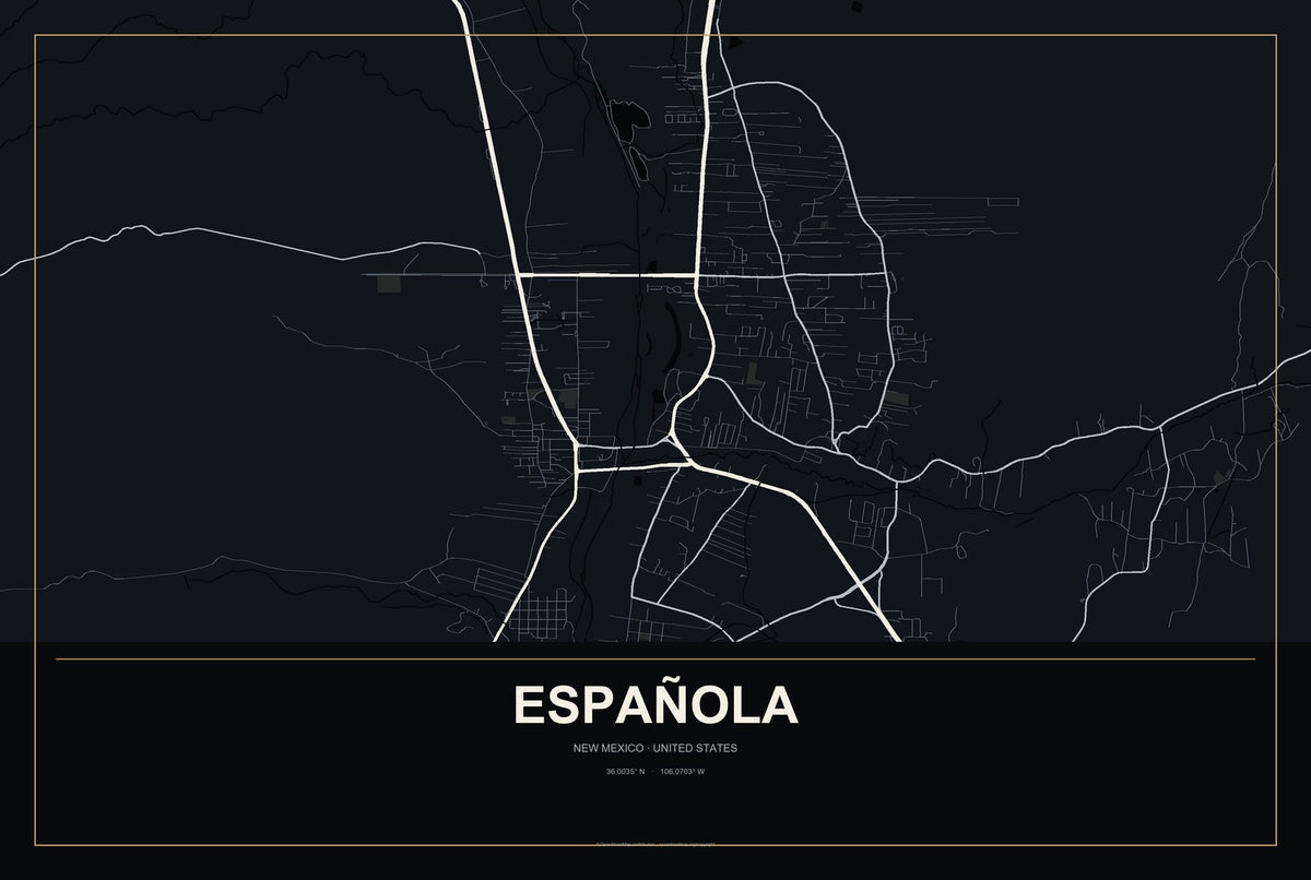 Española, New Mexico City Map Aluminum Sign in Metropolitan Noir style