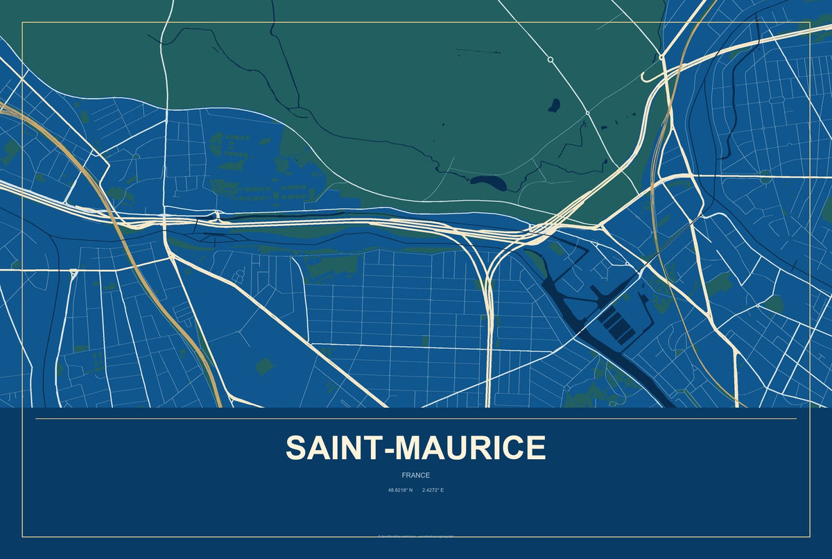 Saint-Maurice, France City Map Aluminum Sign in Harbor Cobalt style