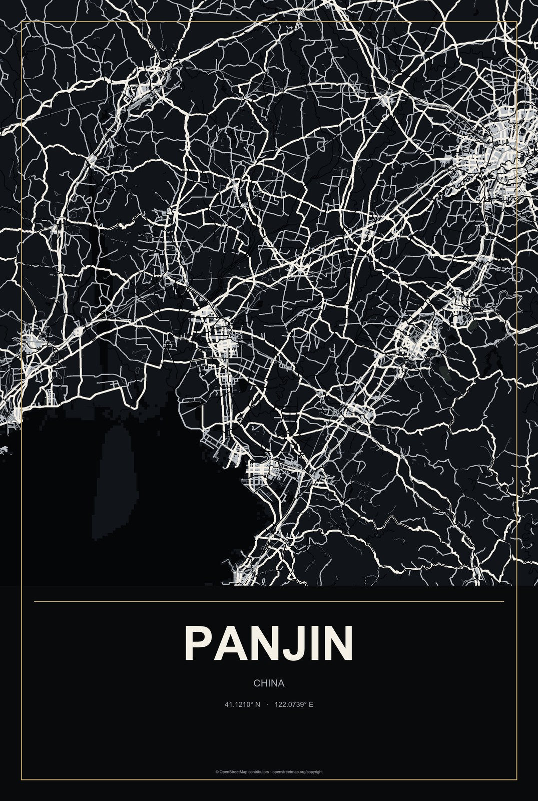 Panjin, China City Map Aluminum Sign in Metropolitan Noir style