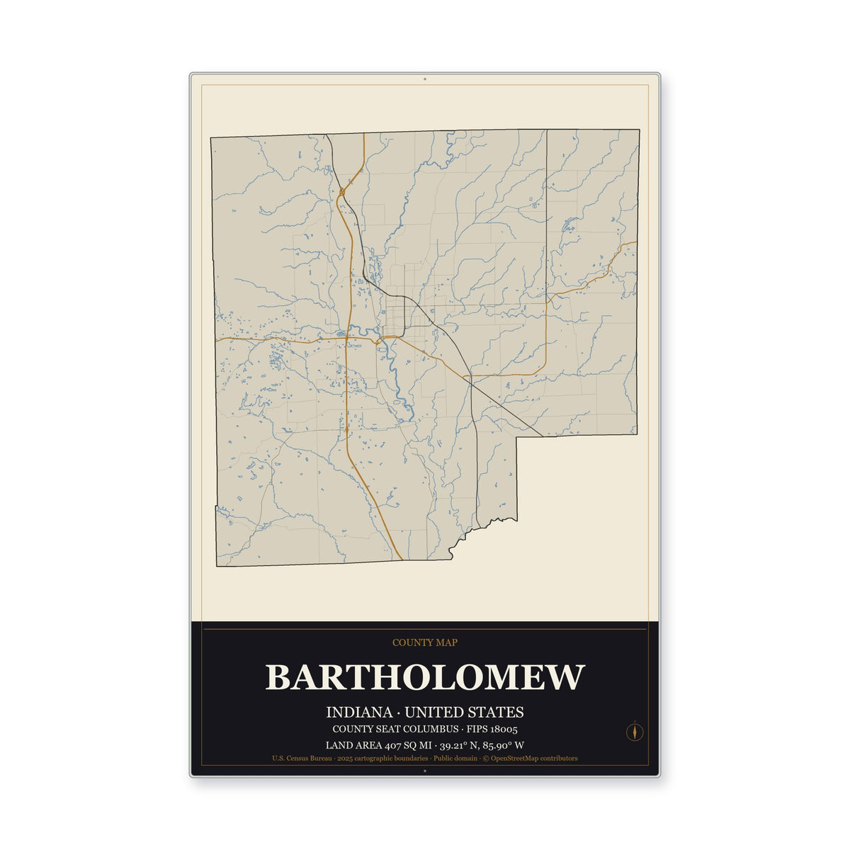 Bartholomew County, Indiana Map Aluminum Sign in Museum Plaque style