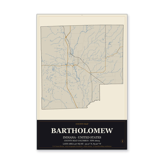 Bartholomew County, Indiana Map Aluminum Sign in Museum Plaque style