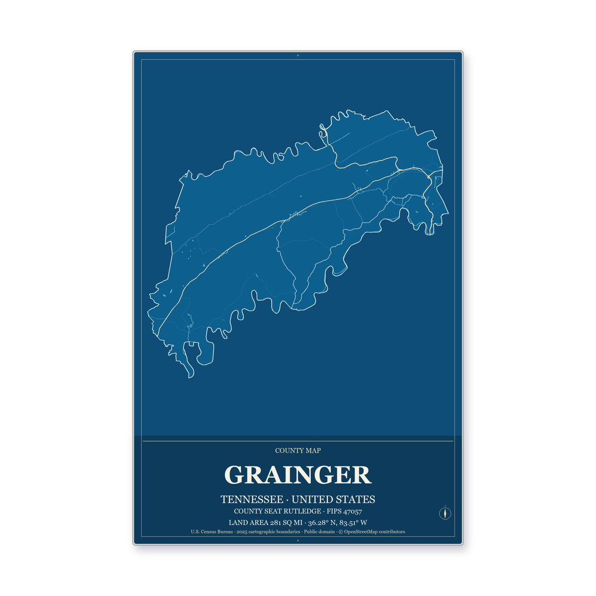 Grainger County, Tennessee Map Aluminum Sign in Harbor Cobalt style
