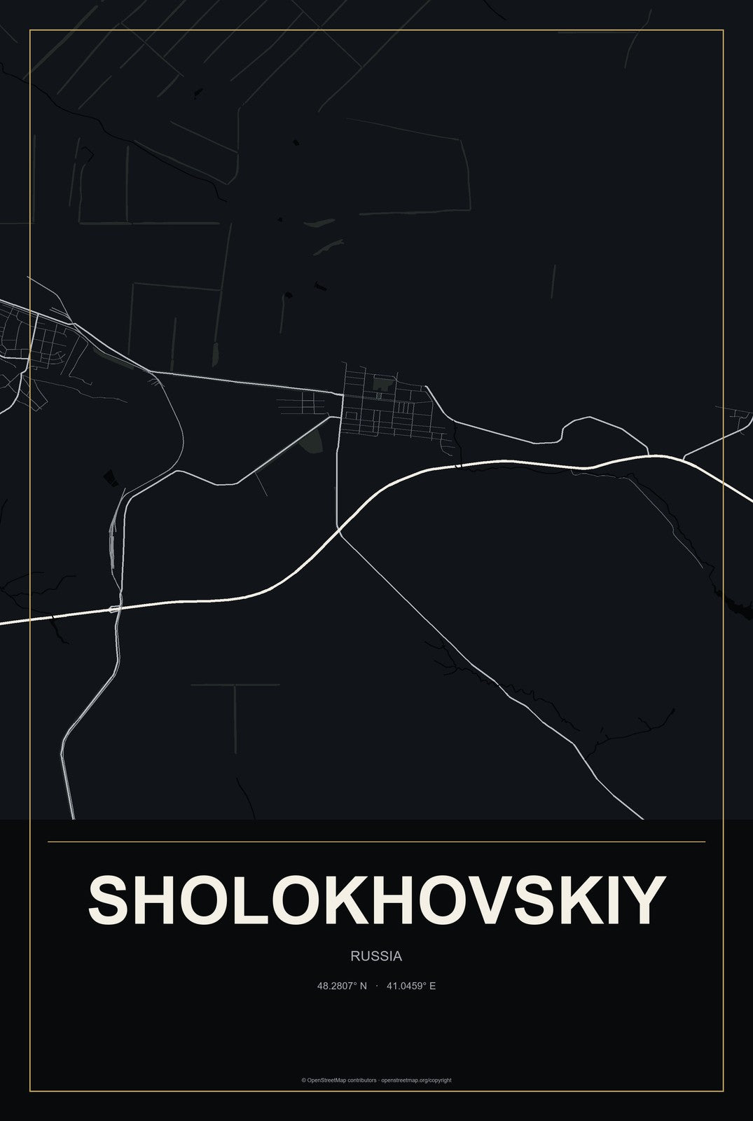 Sholokhovskiy, Russia City Map Aluminum Sign in Metropolitan Noir style