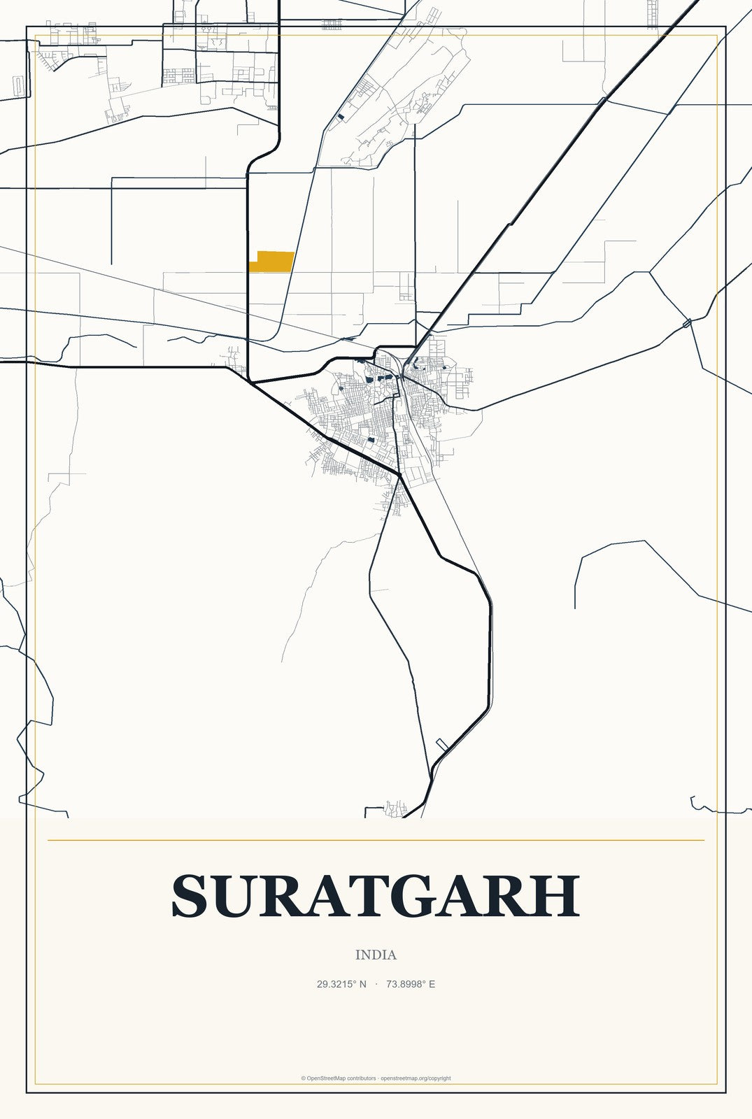 Suratgarh, India City Map Aluminum Sign in Citrine Modern style