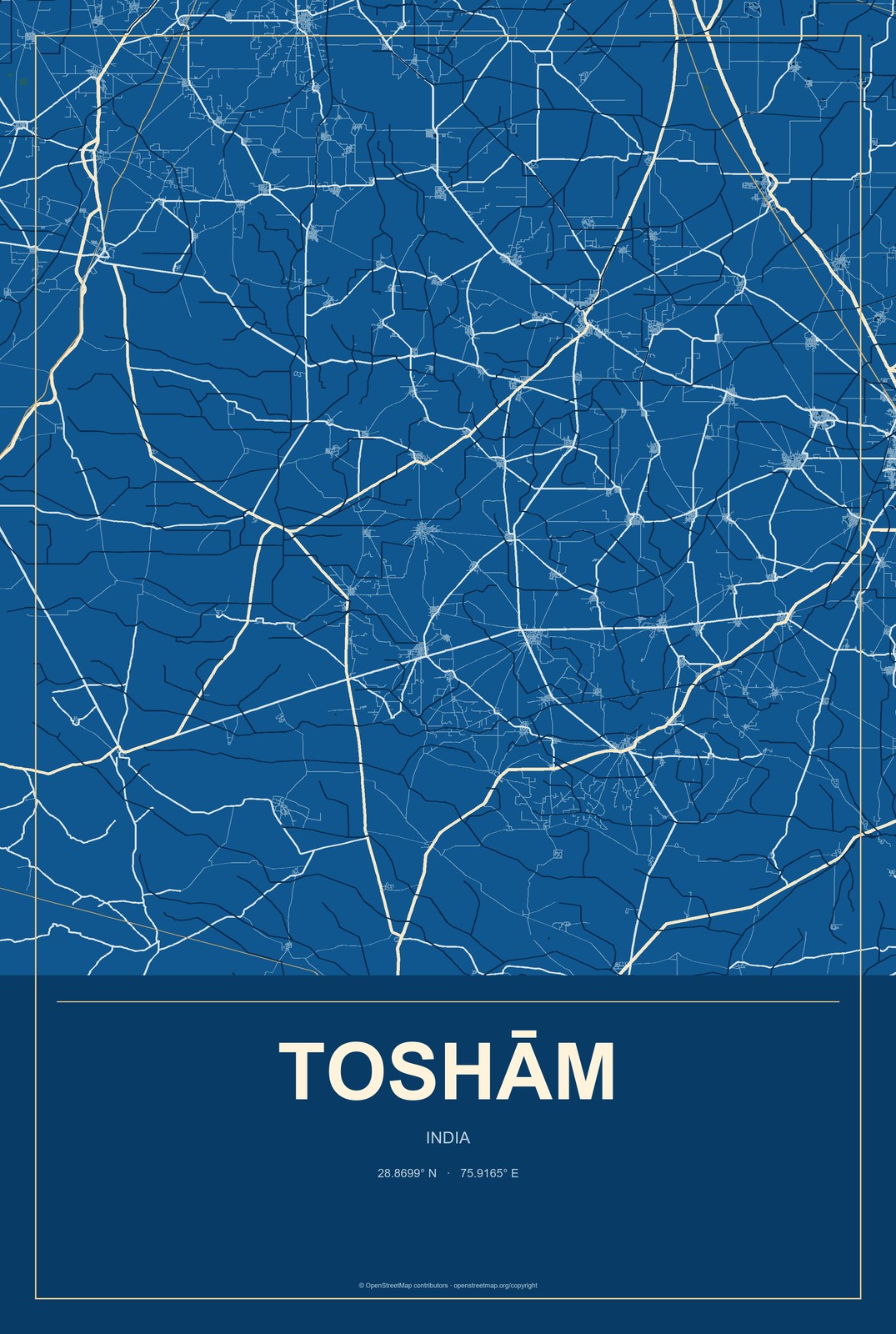 Toshām, India City Map Aluminum Sign in Harbor Cobalt style