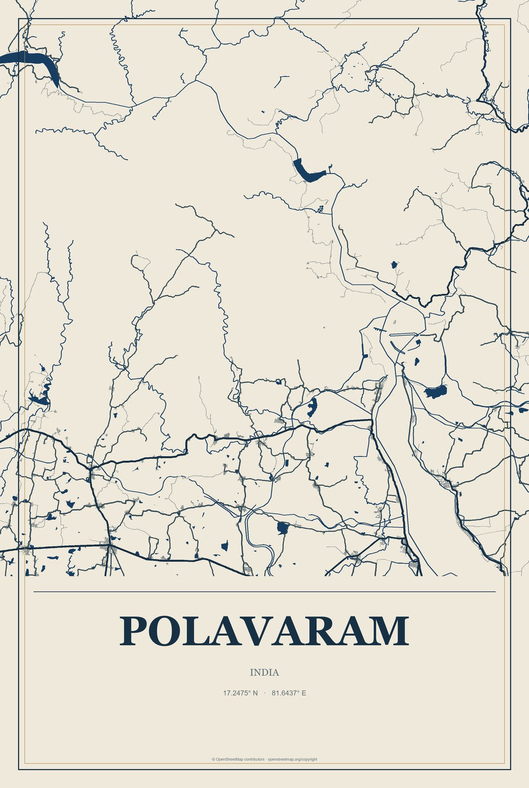 Polavaram, India City Map Aluminum Sign in Coastal Cutout style