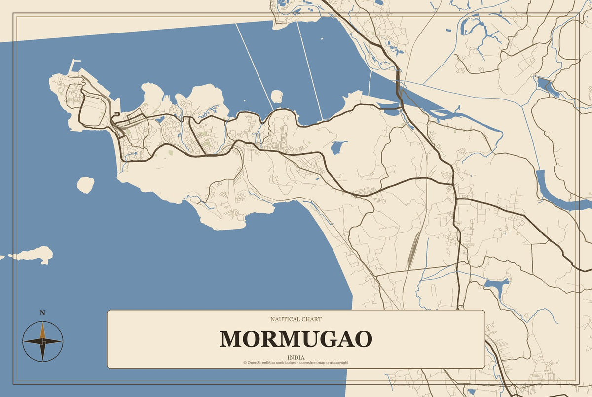 Mormugao, India City Map Aluminum Sign in Heritage Nautical style