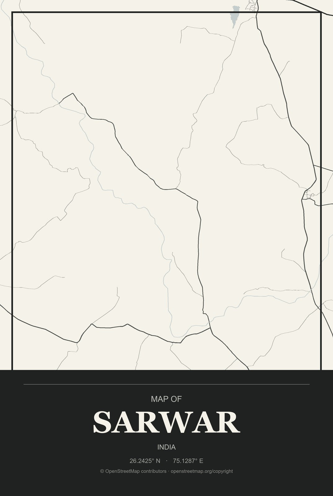 Sarwar, India City Map Aluminum Sign in Museum Plaque style