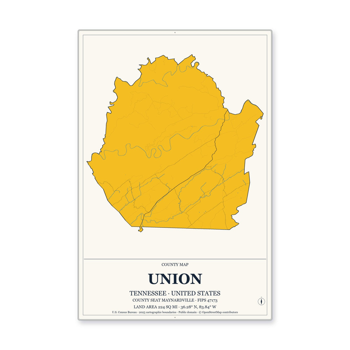Union County, Tennessee Map Aluminum Sign in Citrine Modern style