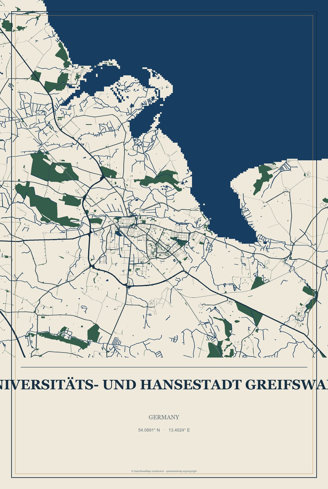 Universitäts- und Hansestadt Greifswald, Germany City Map Aluminum Sign in Coastal Cutout style