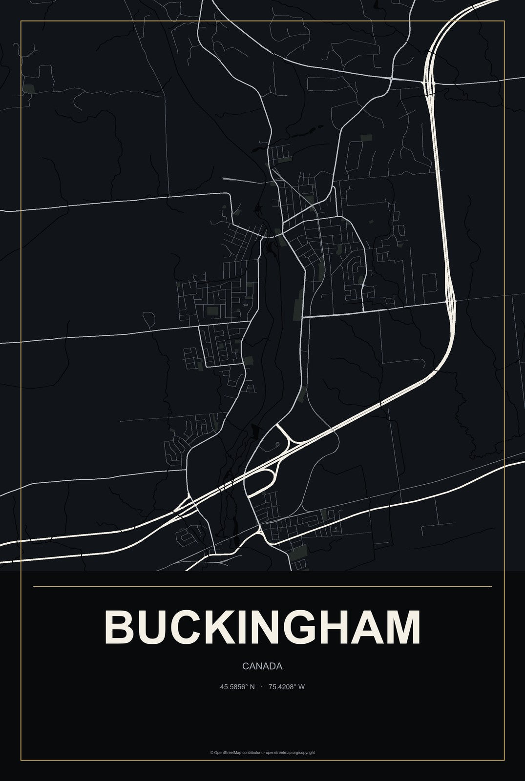 Buckingham, Canada City Map Aluminum Sign in Metropolitan Noir style