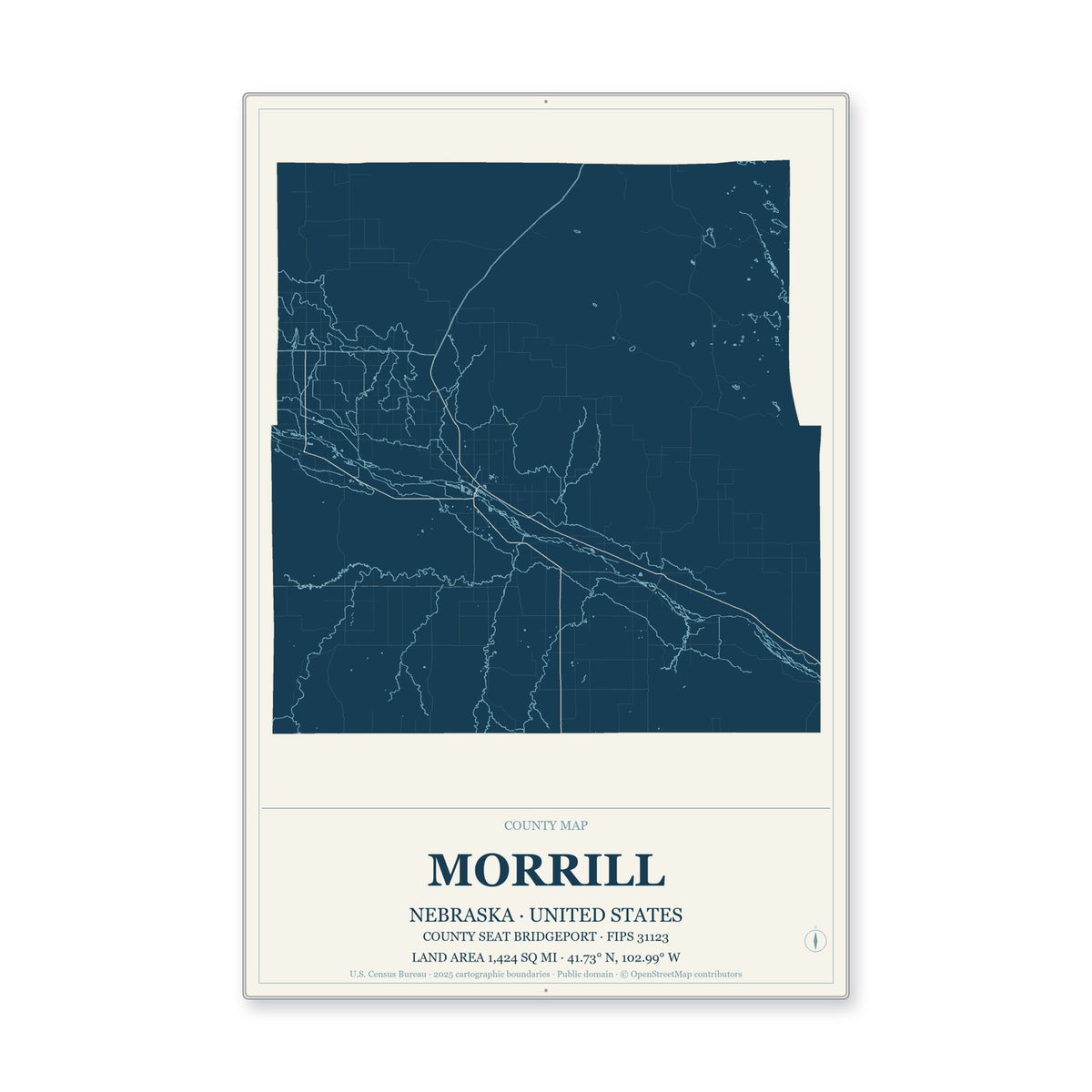 Morrill County, Nebraska Map Aluminum Sign in Coastal Cutout style