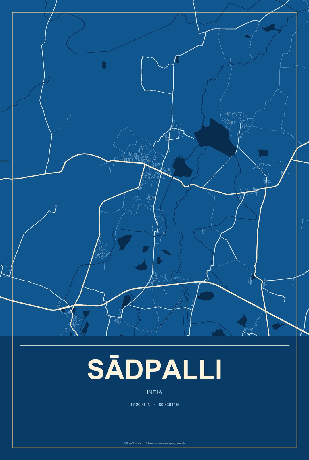 Sādpalli, India City Map Aluminum Sign in Harbor Cobalt style