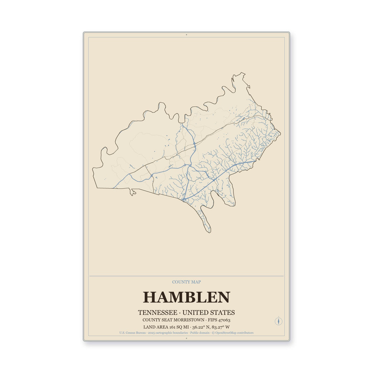 Hamblen County, Tennessee Map Aluminum Sign in Heritage Nautical style