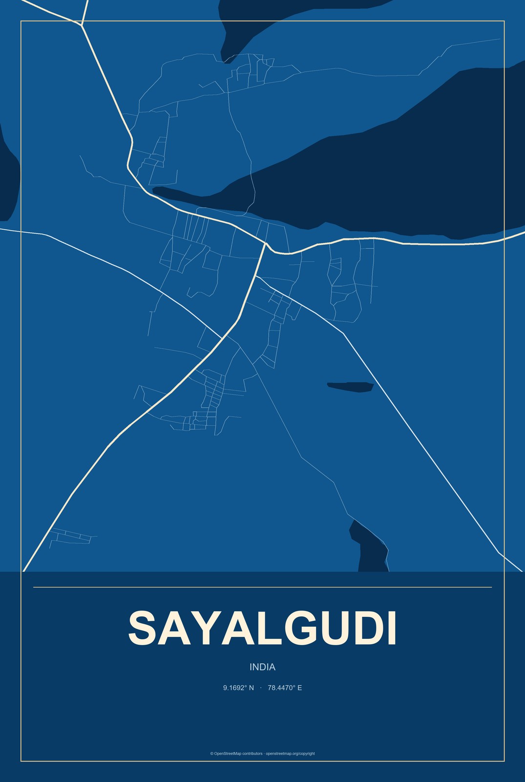 Sayalgudi, India City Map Aluminum Sign in Harbor Cobalt style