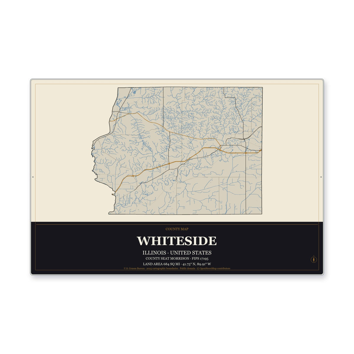 Whiteside County, Illinois Map Aluminum Sign in Museum Plaque style