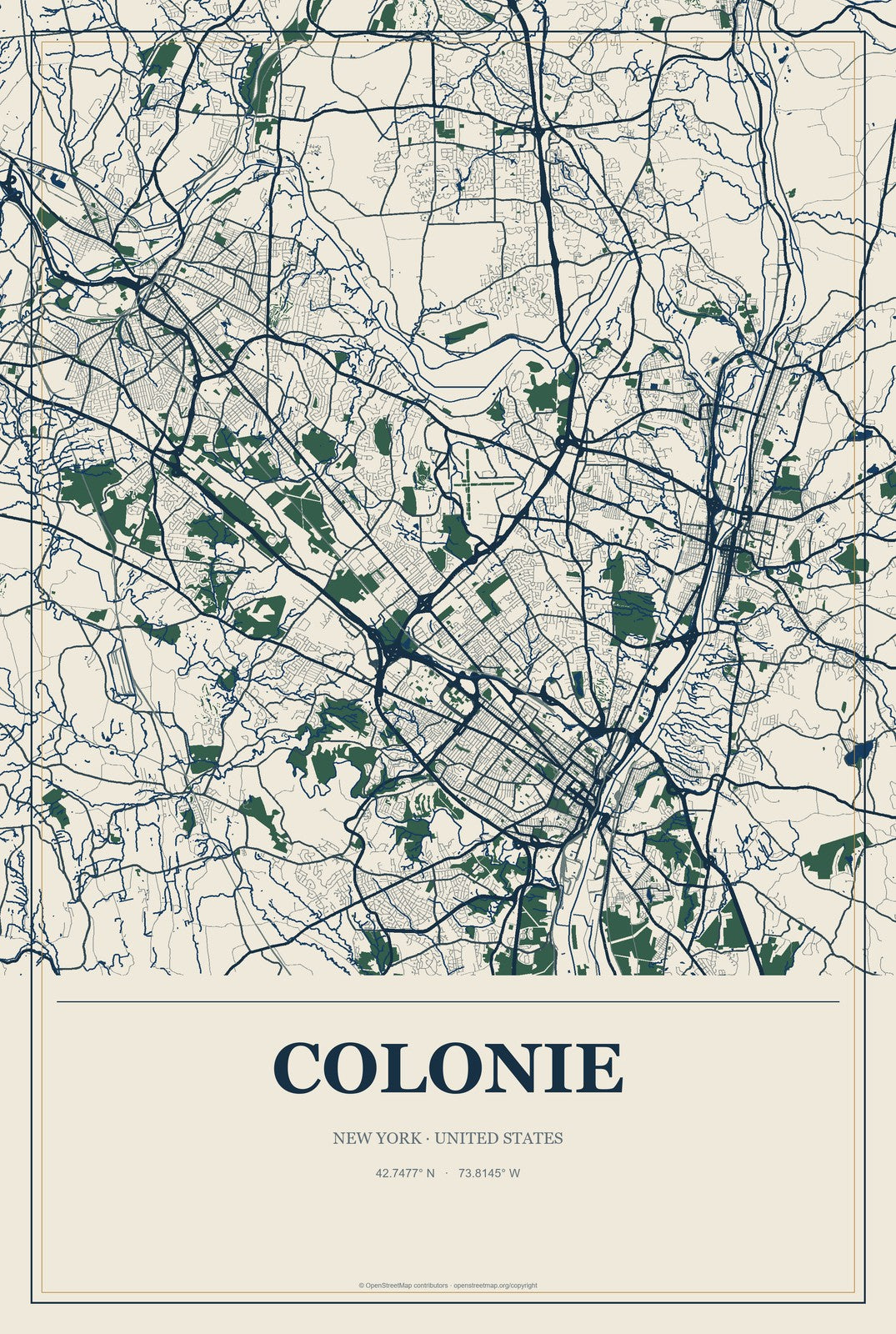 Colonie, New York City Map Aluminum Sign in Coastal Cutout style