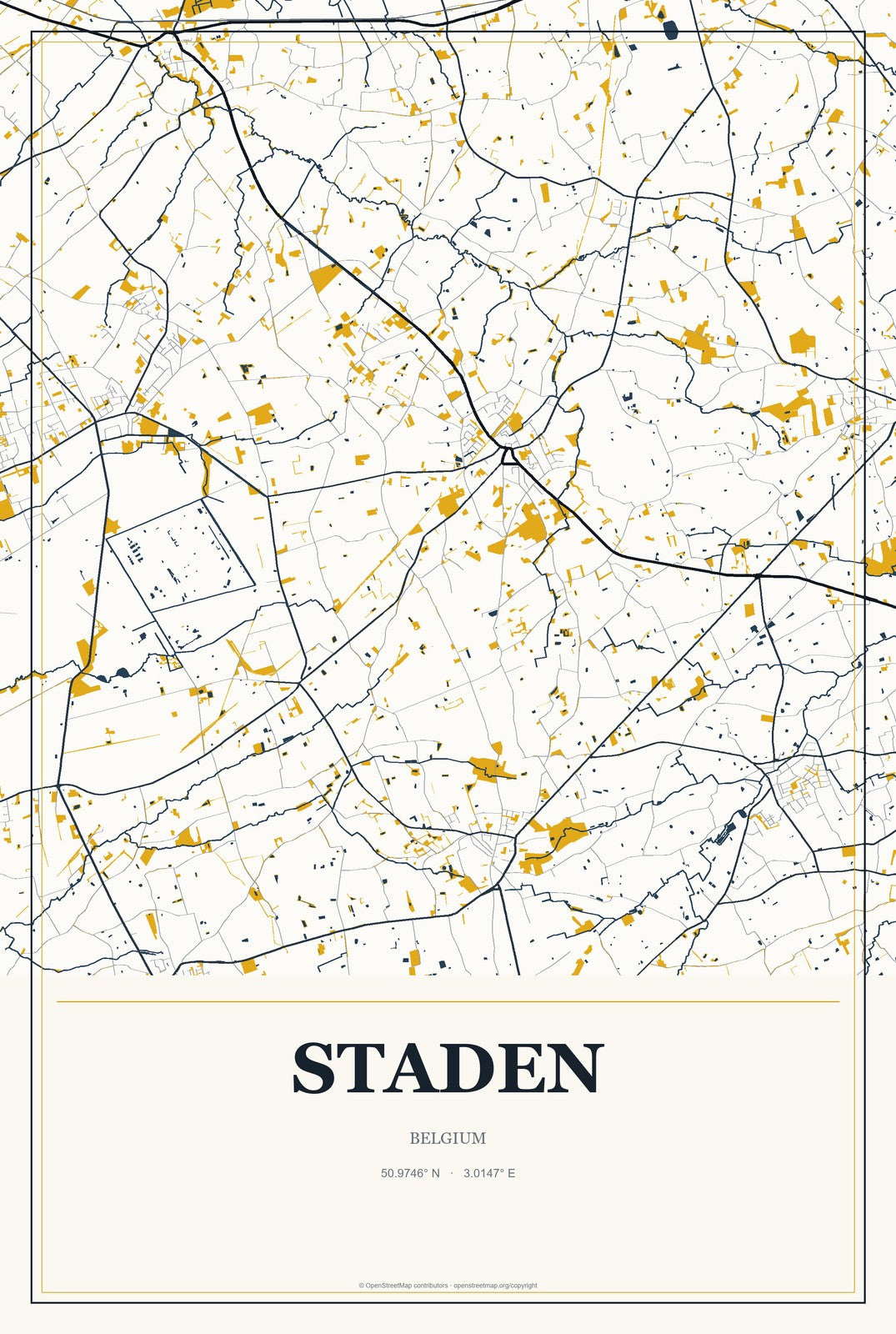Staden, Belgium City Map Aluminum Sign in Citrine Modern style
