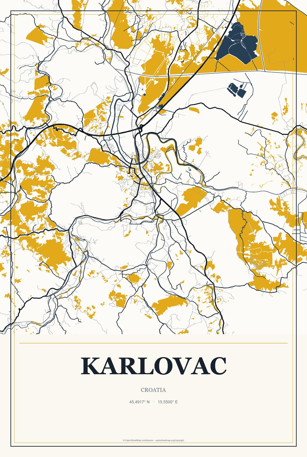 Karlovac, Croatia City Map Aluminum Sign in Citrine Modern style