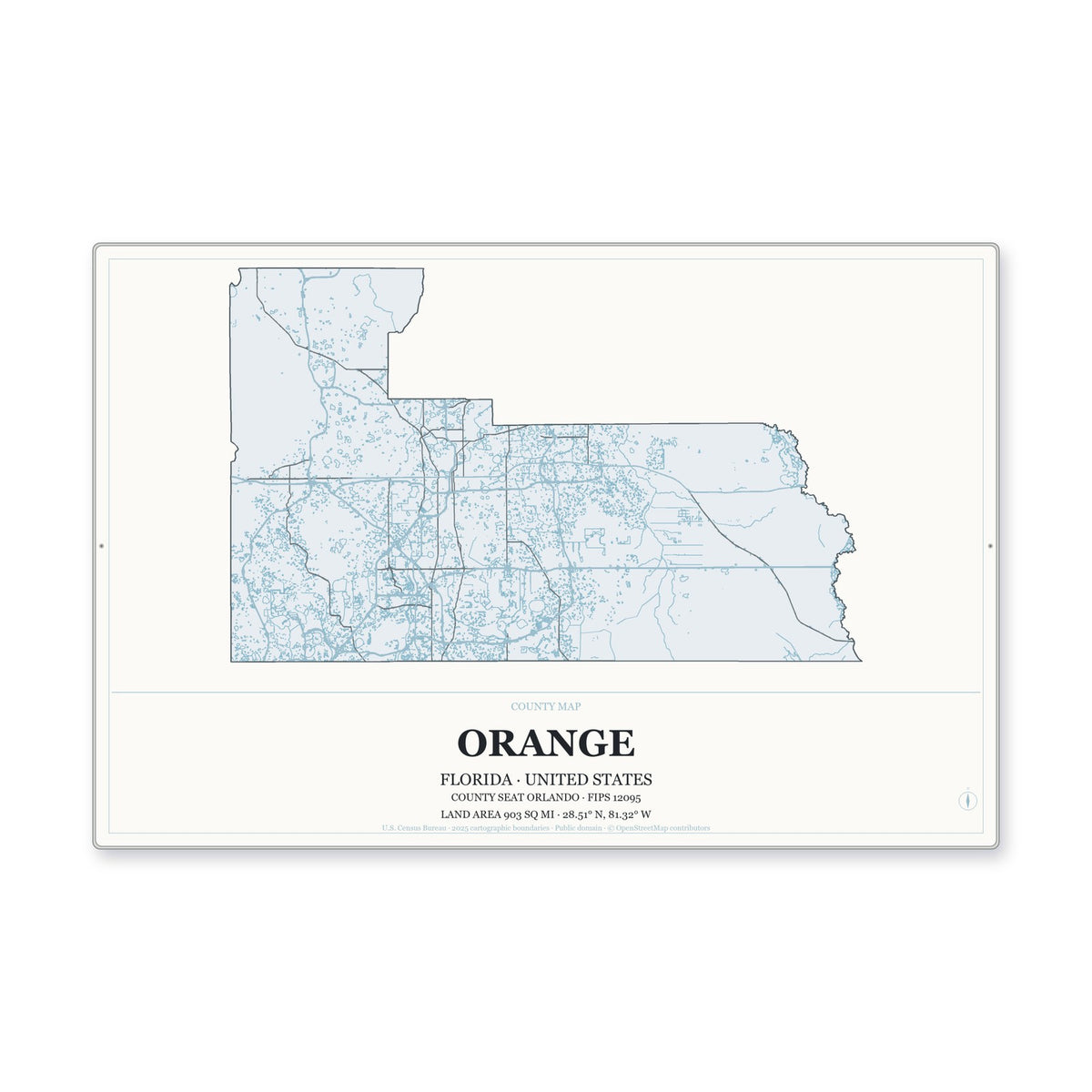 Orange County, Florida Map Aluminum Sign in Gallery Air style