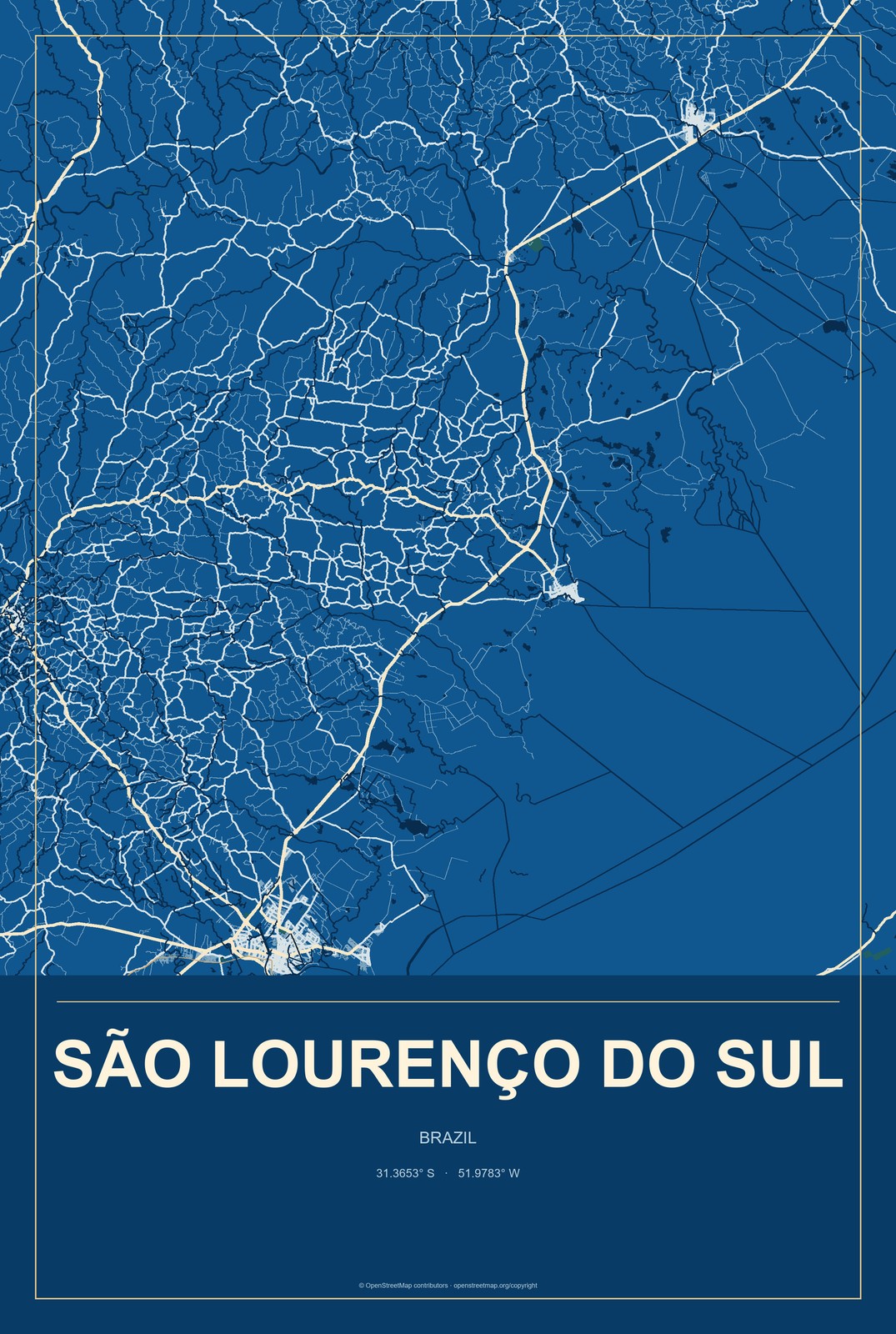 São Lourenço do Sul, Brazil City Map Aluminum Sign in Harbor Cobalt style