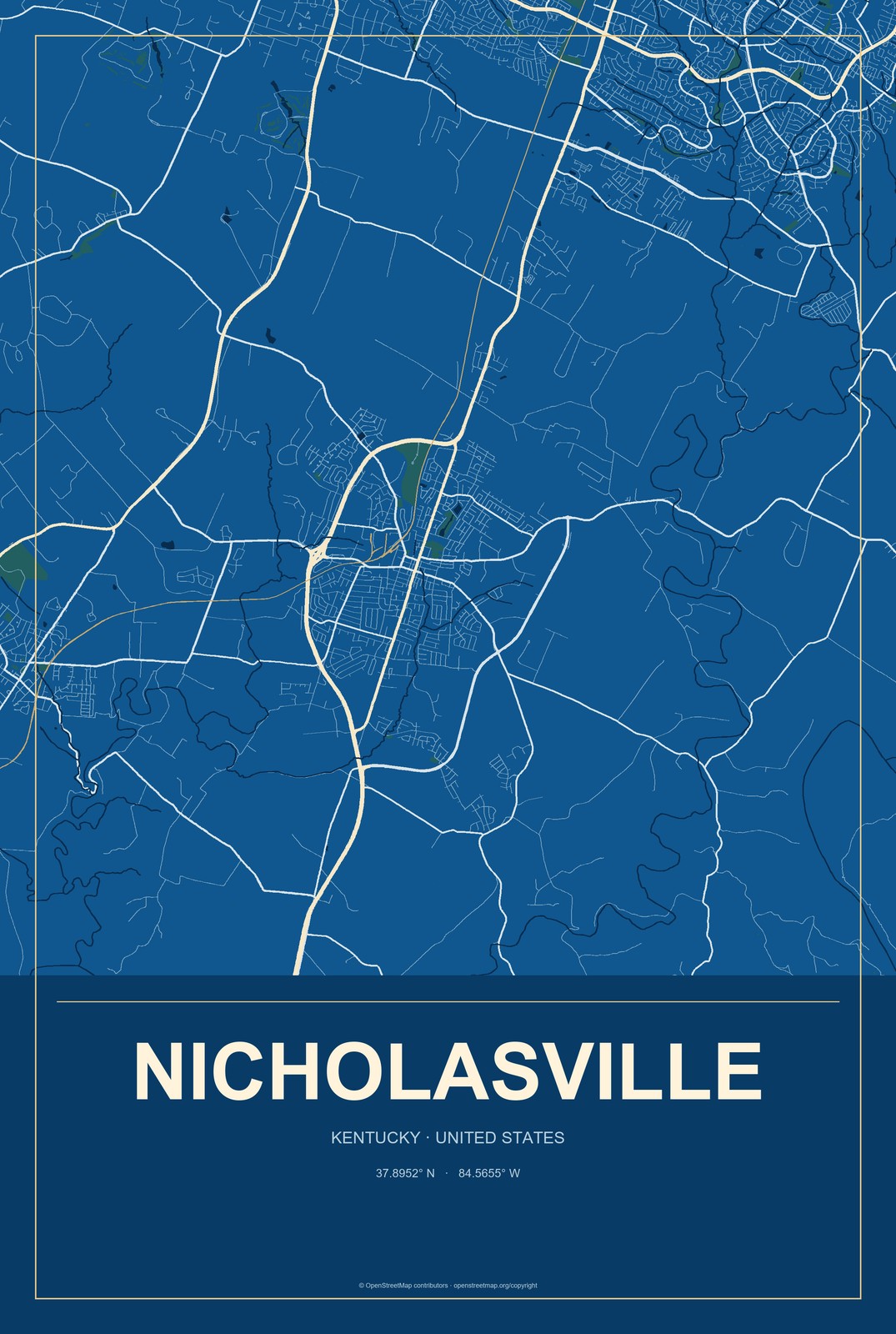 Nicholasville, Kentucky City Map Aluminum Sign in Harbor Cobalt style