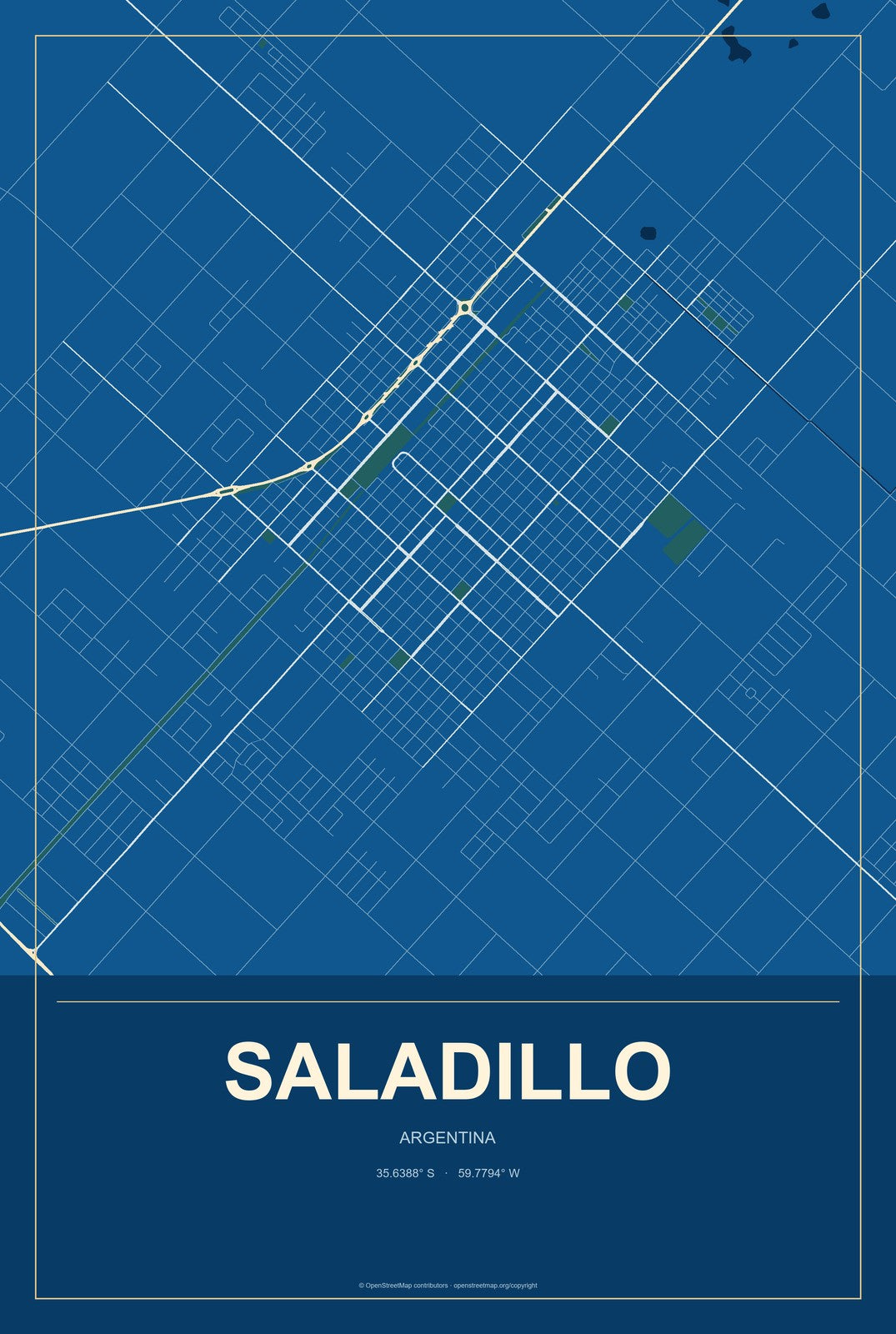 Saladillo, Argentina City Map Aluminum Sign in Harbor Cobalt style