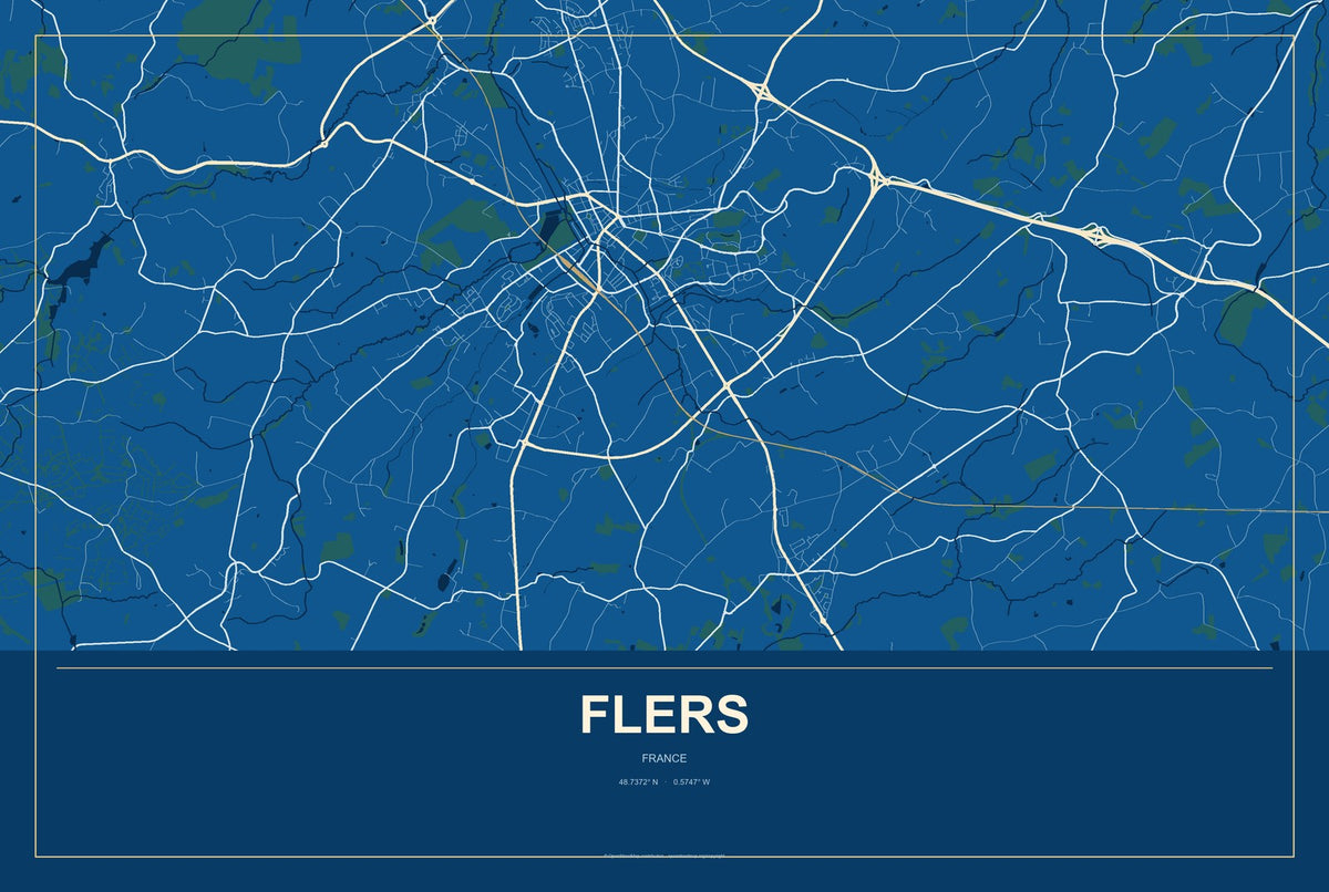 Flers, France City Map Aluminum Sign in Harbor Cobalt style