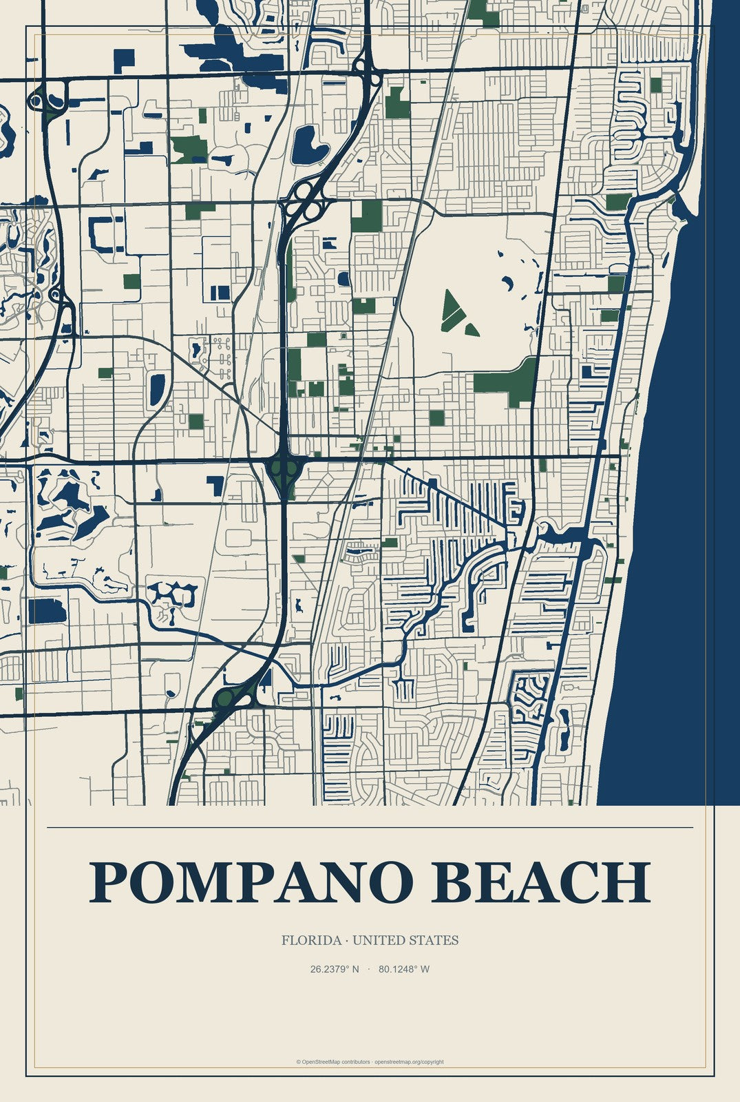 Pompano Beach, Florida City Map Aluminum Sign in Coastal Cutout style