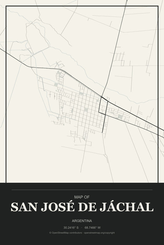 San José de Jáchal, Argentina City Map Aluminum Sign in Museum Plaque style