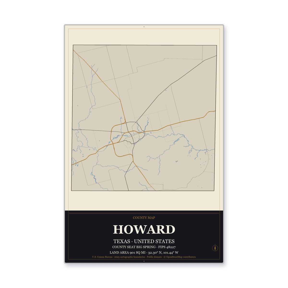 Howard County, Texas Map Aluminum Sign in Museum Plaque style