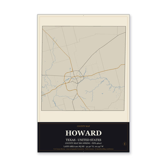 Howard County, Texas Map Aluminum Sign in Museum Plaque style