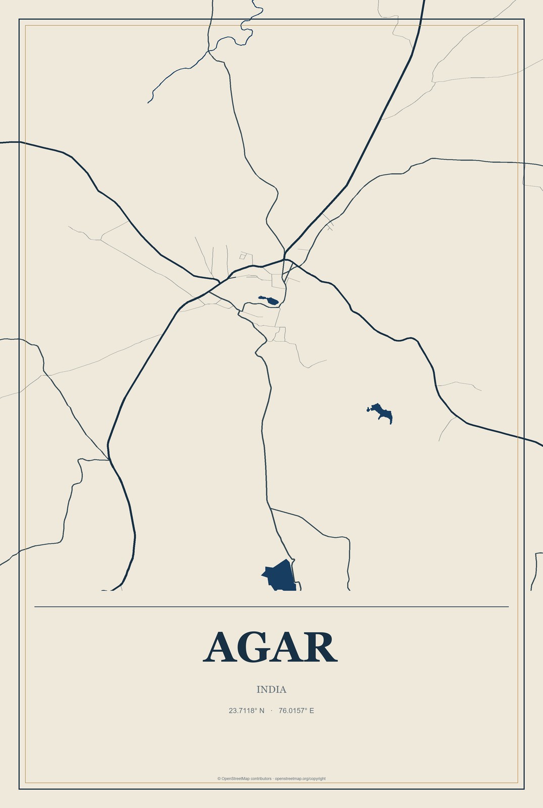 Agar, India City Map Aluminum Sign in Coastal Cutout style