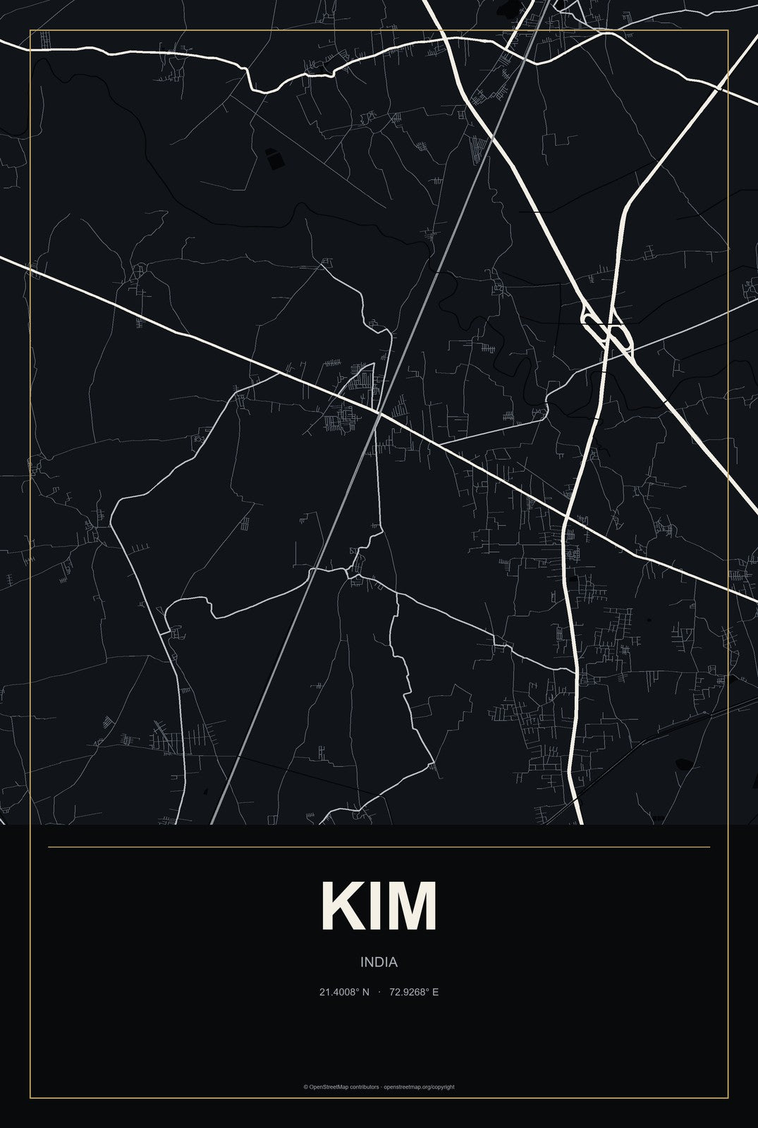 Kim, India City Map Aluminum Sign in Metropolitan Noir style