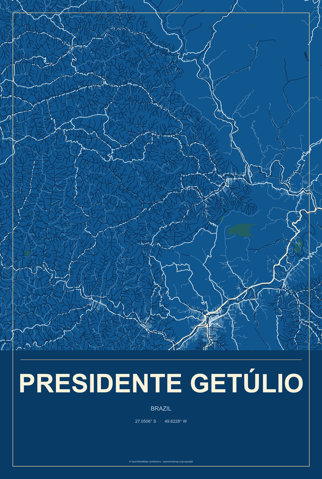 Presidente Getúlio, Brazil City Map Aluminum Sign in Harbor Cobalt style