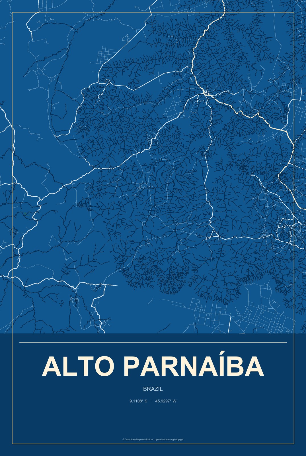 Alto Parnaíba, Brazil City Map Aluminum Sign in Harbor Cobalt style