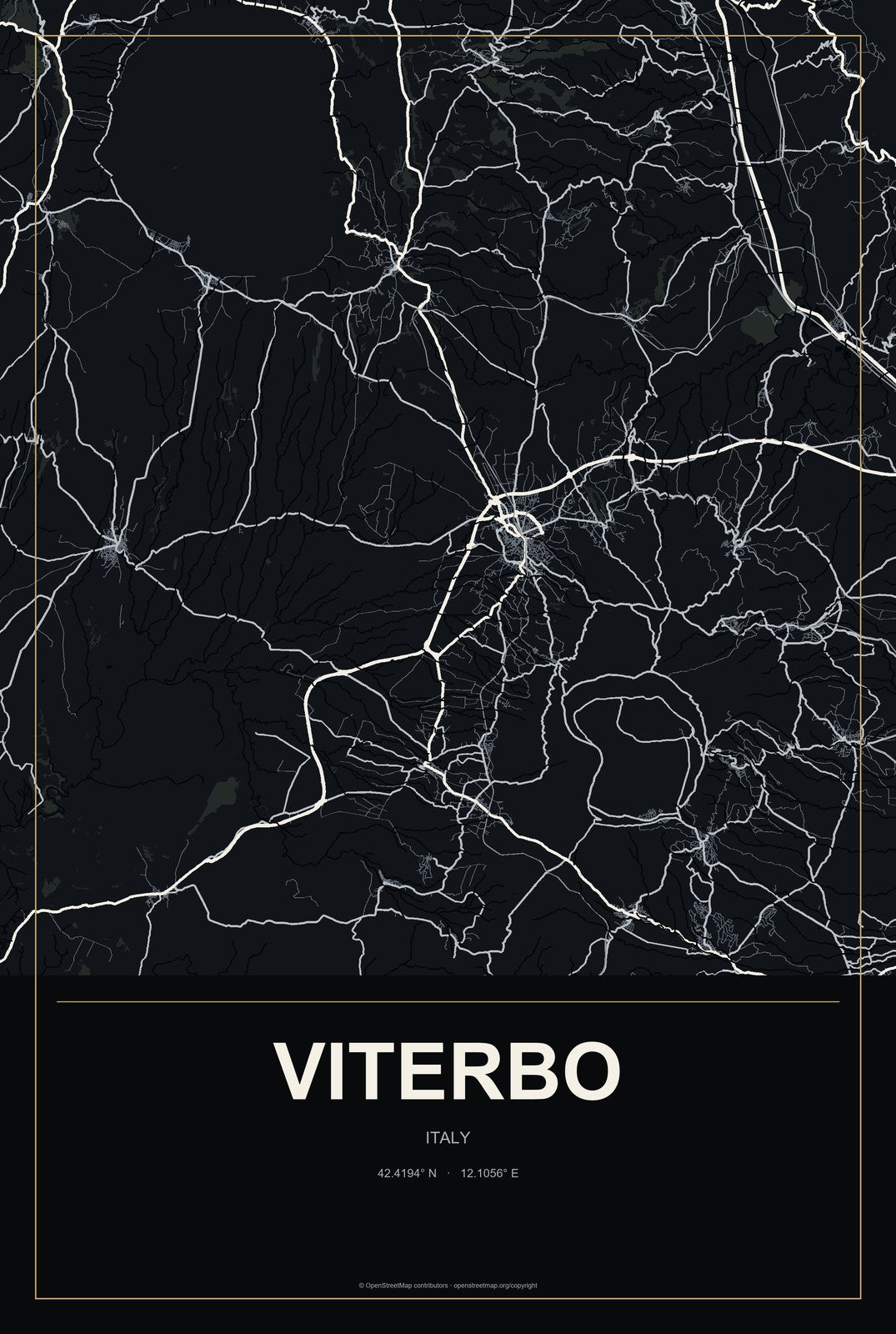 Viterbo, Italy City Map Aluminum Sign in Metropolitan Noir style