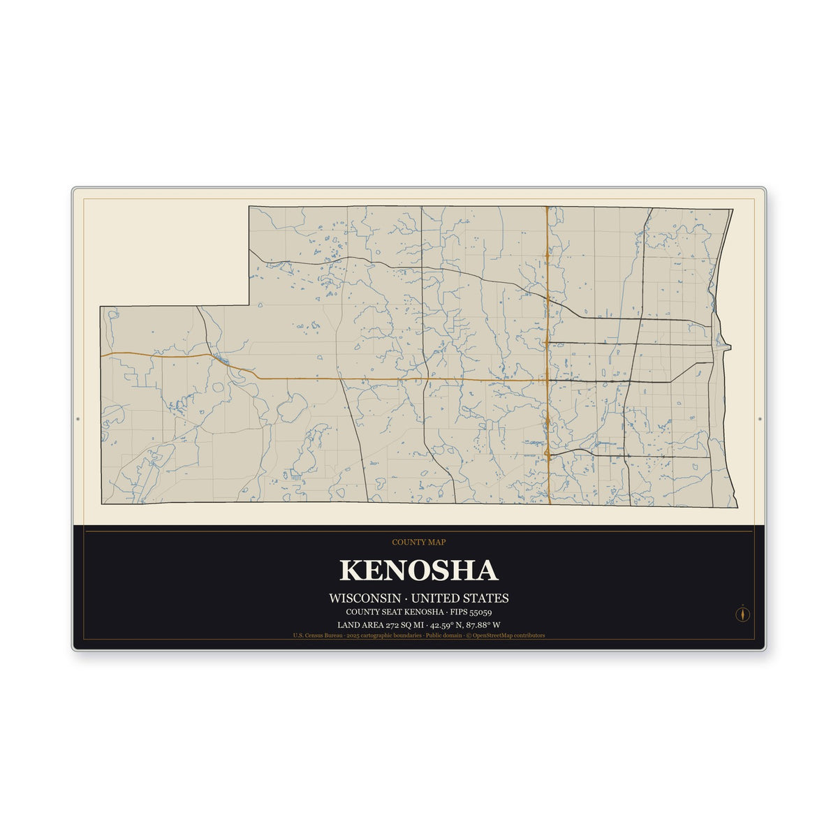 Kenosha County, Wisconsin Map Aluminum Sign in Museum Plaque style