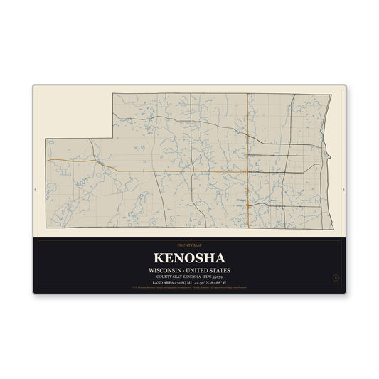 Kenosha County, Wisconsin Map Aluminum Sign in Museum Plaque style