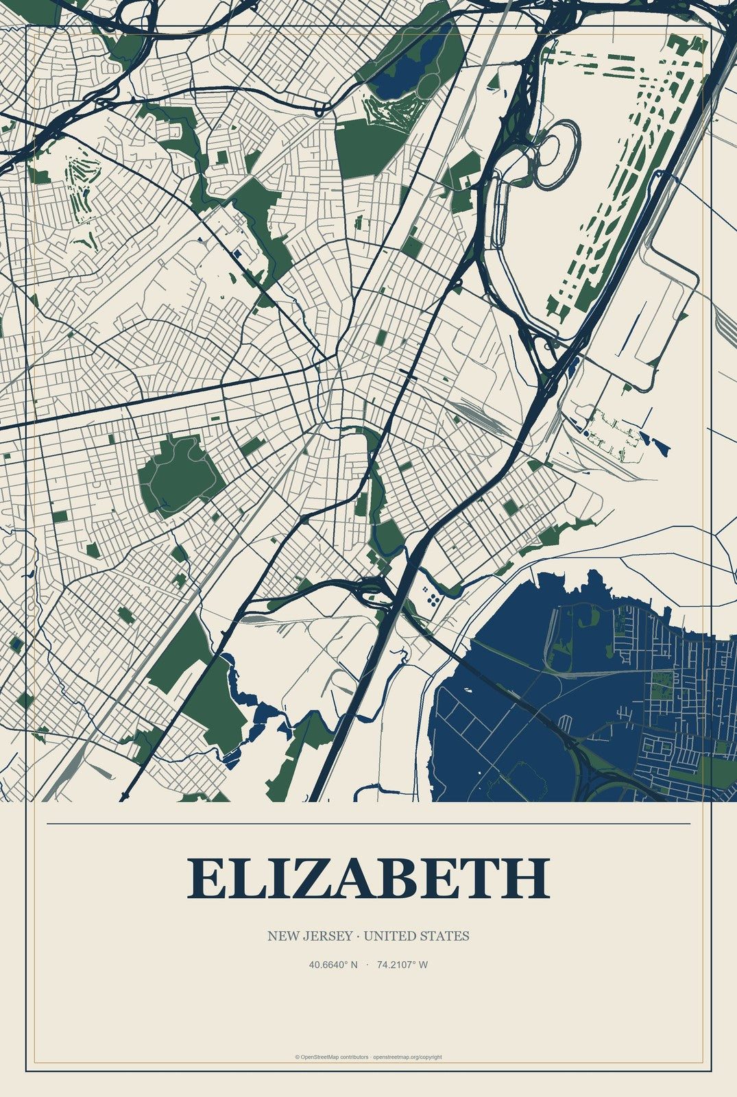 Elizabeth, New Jersey City Map Aluminum Sign in Coastal Cutout style
