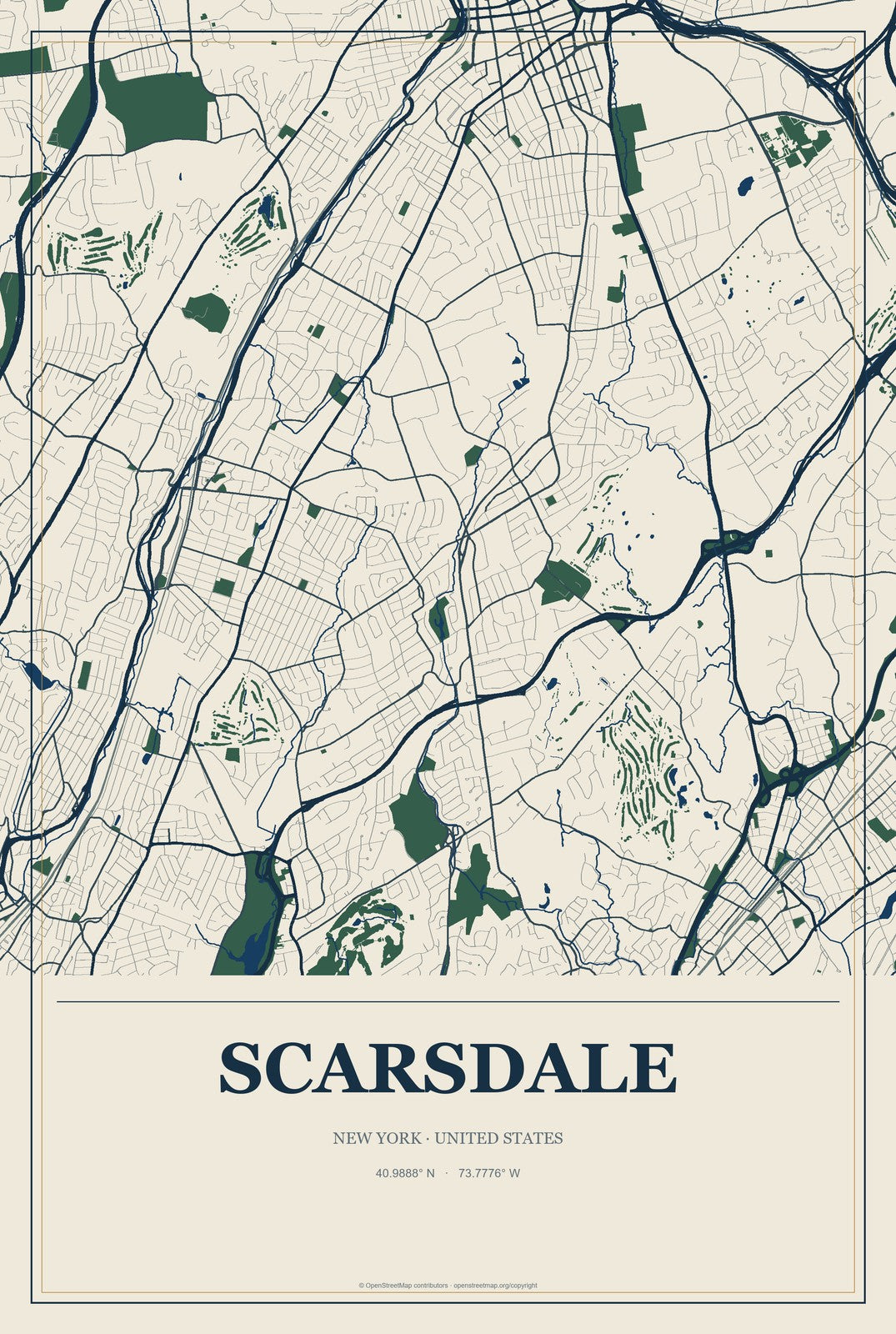Scarsdale, New York City Map Aluminum Sign in Coastal Cutout style