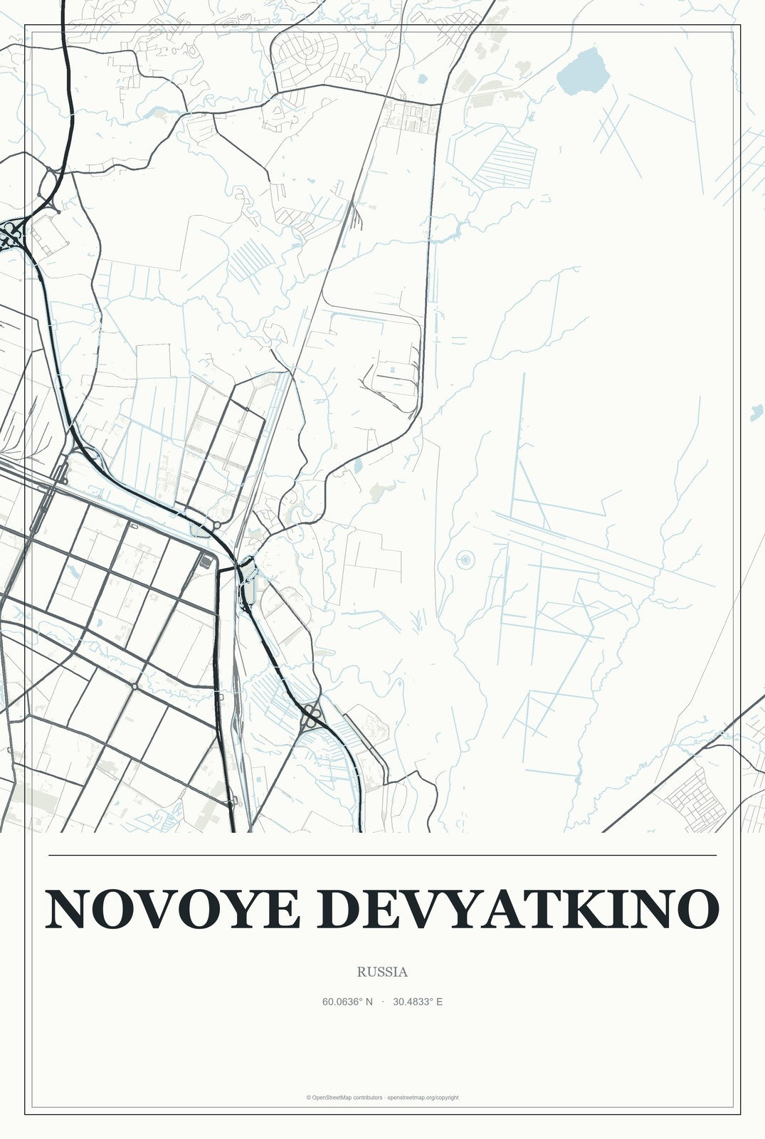 Novoye Devyatkino, Russia City Map Aluminum Sign in Gallery Air style