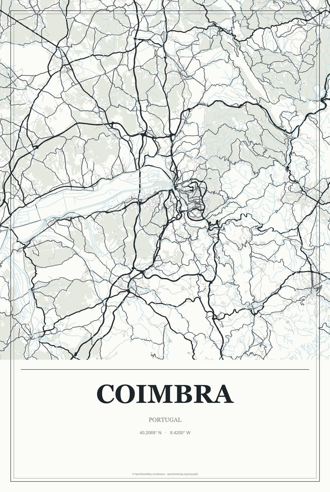 Coimbra, Portugal City Map Aluminum Sign in Gallery Air style