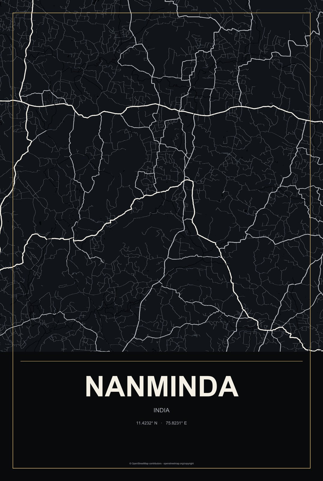 Nanminda, India City Map Aluminum Sign in Metropolitan Noir style